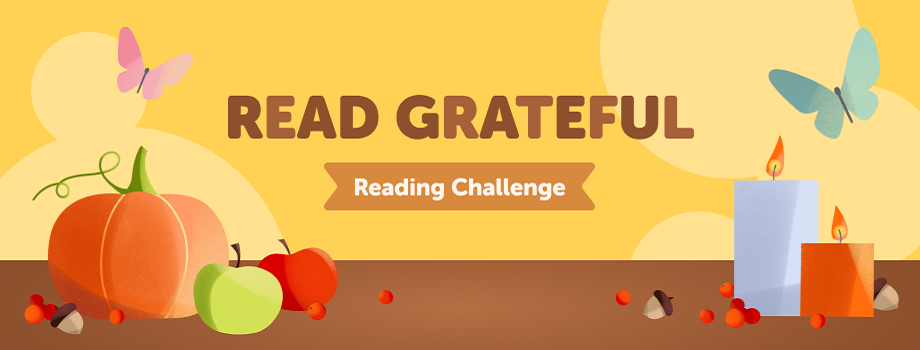 Fall themed poster with pumpkins and apples that says Read Grateful Reading Challenge